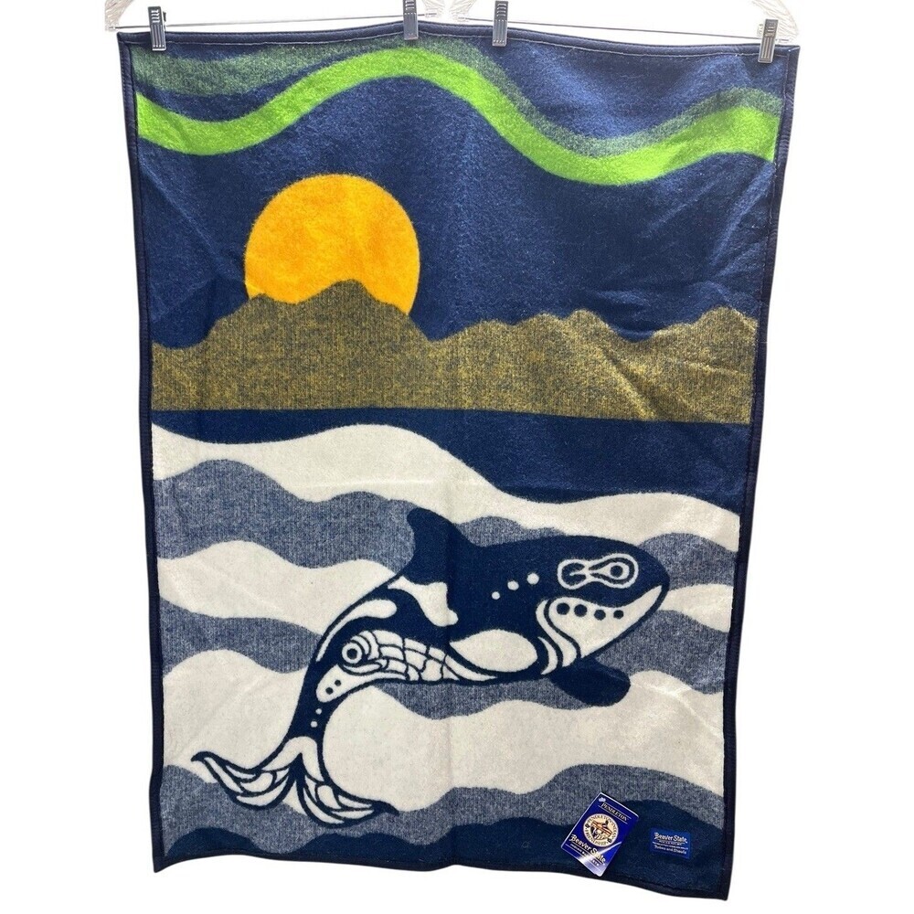 Pendleton Wool Indian Blanket Sea Wolf Orca Sunset Navy Blue Beaver State Throw